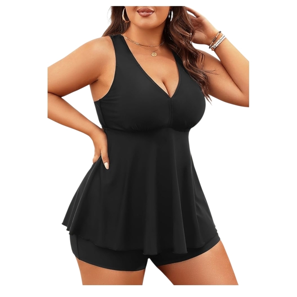 AQUA EVE - 22W Black V-Neck Tankini  2 Piece Swimsuit - Picture 2 of 13